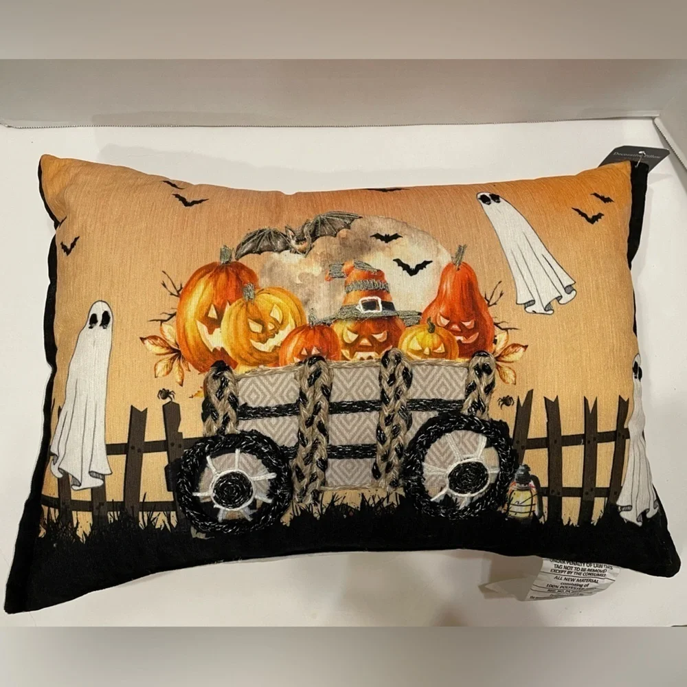 Halloween Decorative Scenic Pillow 14”x20” Bat Pumpkin Ghost Wagon NWT